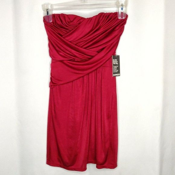 NEW Express Red Strapless Dress XS Burgundy Ruched Sides Cross Cross Front - Picture 1 of 2